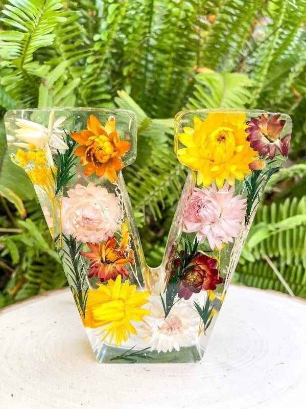 Transparent resin night light ornament with letter flower design, 15cm square, multiple colour options