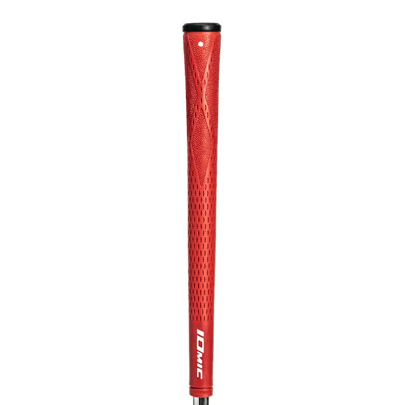 TPE golf club grip in assorted colours including pink, red, and black with blue head on a club shaft.