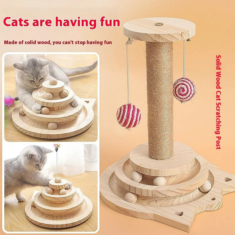 Solid wood turntable cat teaser with self-hi motion in double-layer configuration
