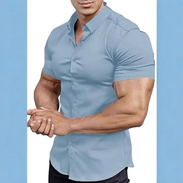 Men's short sleeve printed casual shirt in polyester with collar and cardigan style