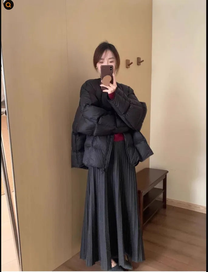 Dark grey artistic knitted dress suit with 3D pattern, collage stitching, sweater and skirt two-piece set.