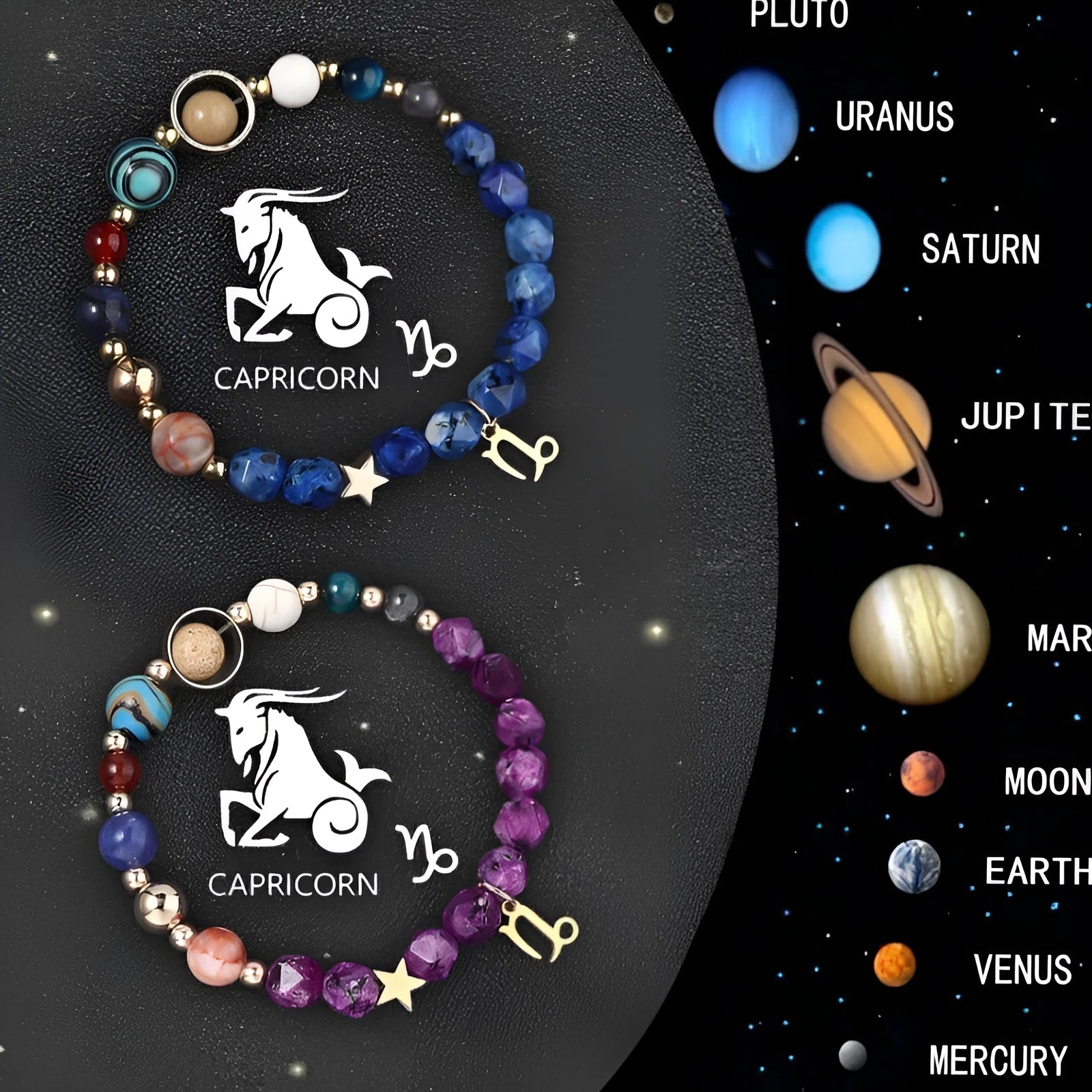 Two adjustable natural stone bead bracelets with detailed metal zodiac charms on a white background.