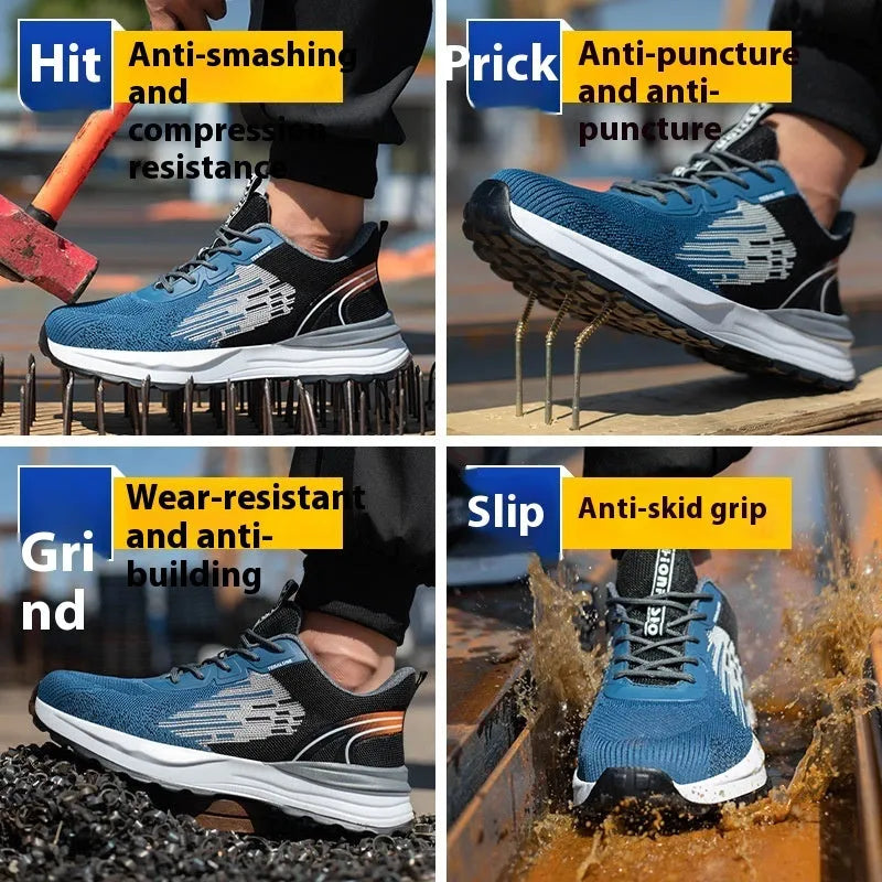 Blue men's low-top safety work shoes with mesh upper, lace closure, and protective toe cap.