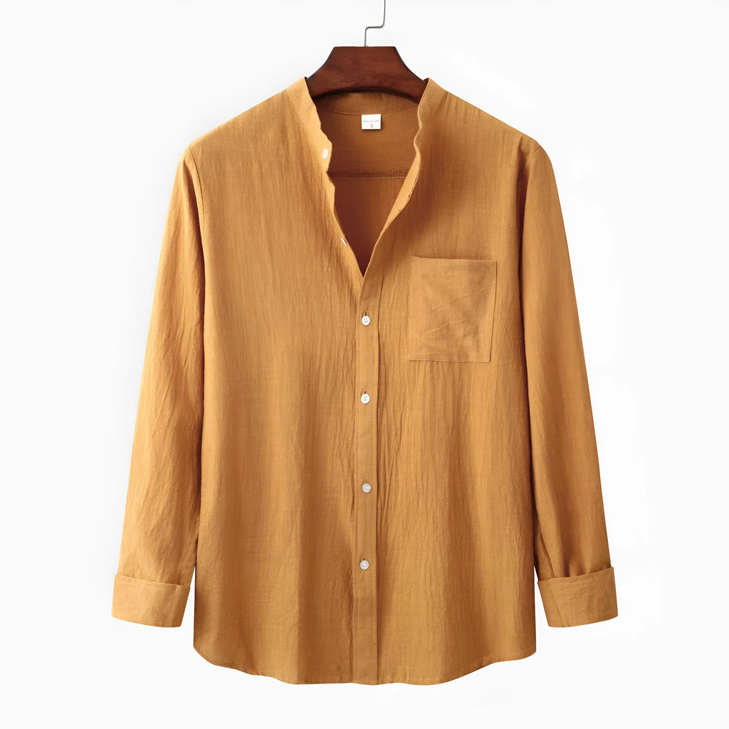 Brown men's slim fit long sleeve shirt and casual trousers on a hanger.