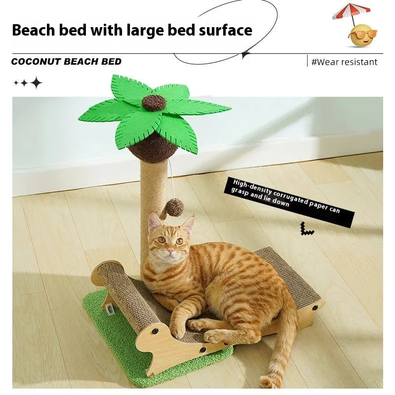 Wooden beach chair style cat climbing frame with integrated nest, scratch board, and hemp mat