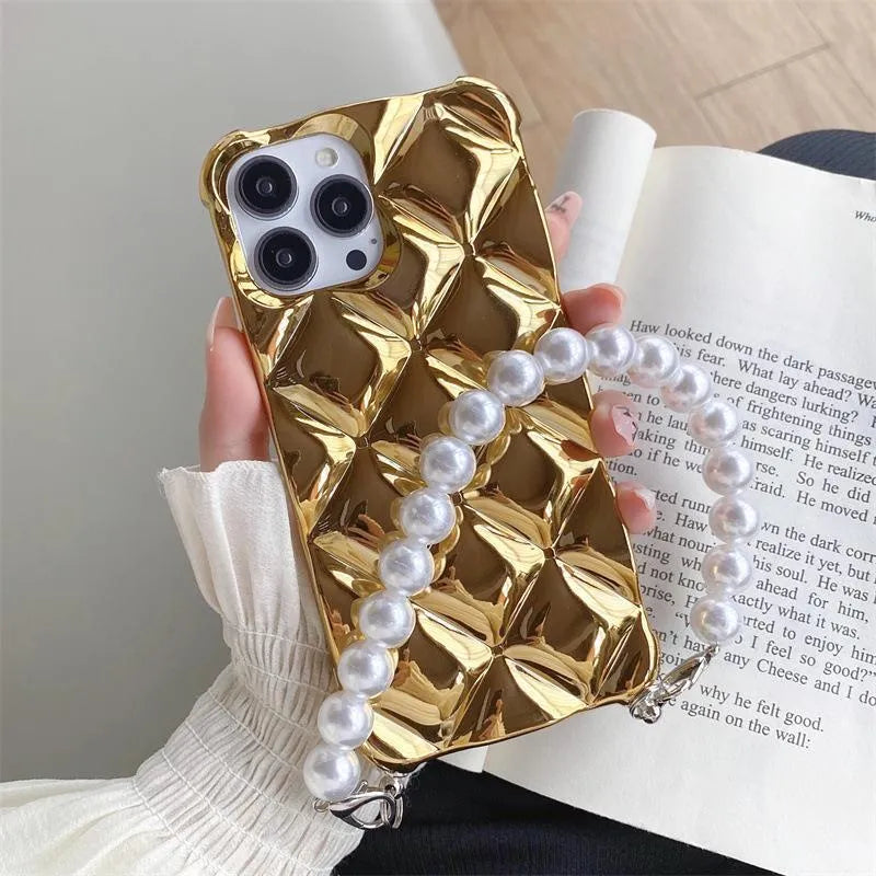Luxury diamond bracelet iPhone case with decorative chain and flash diamond lock design