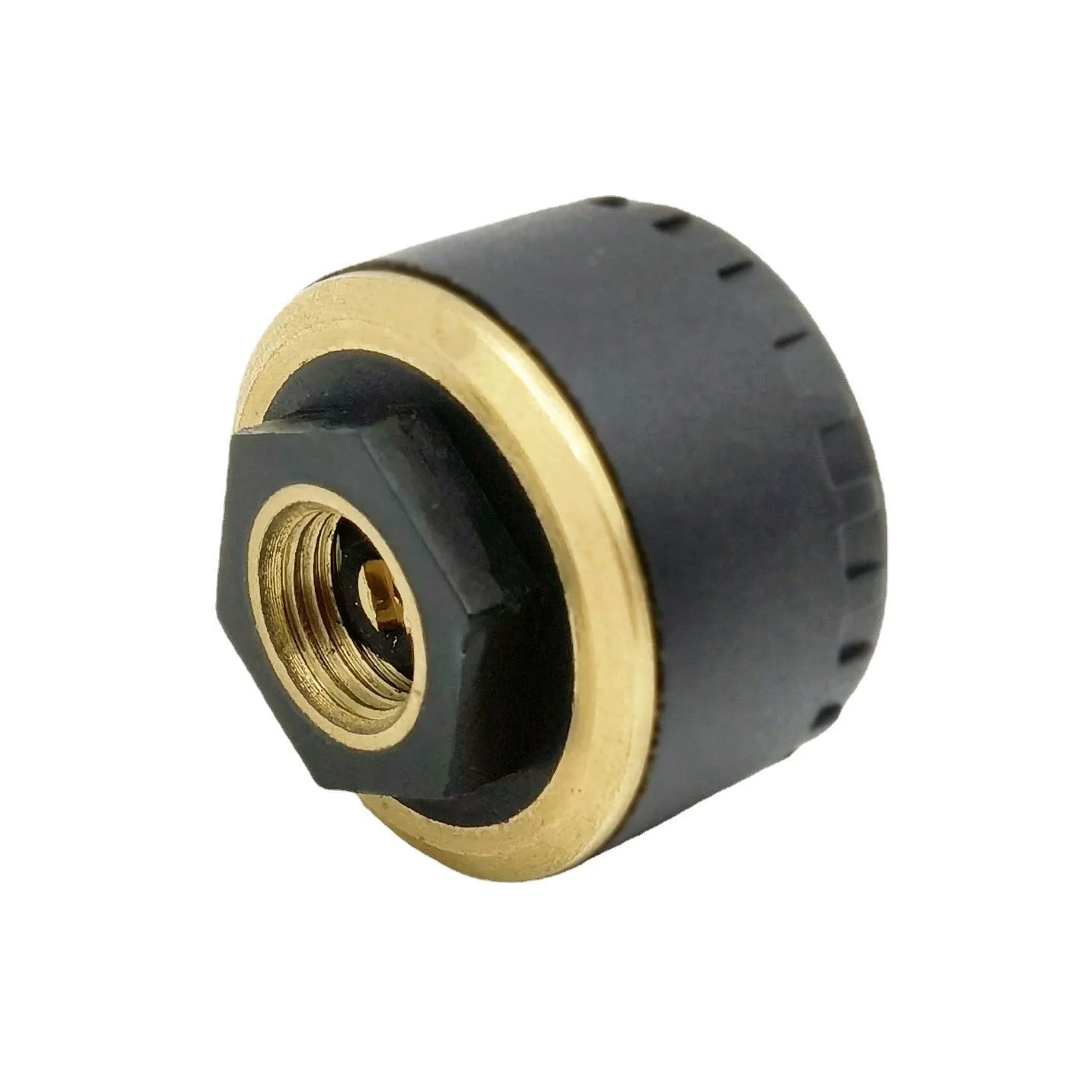 Four black Bluetooth tyre pressure sensors for car wheel monitoring via mobile phone app