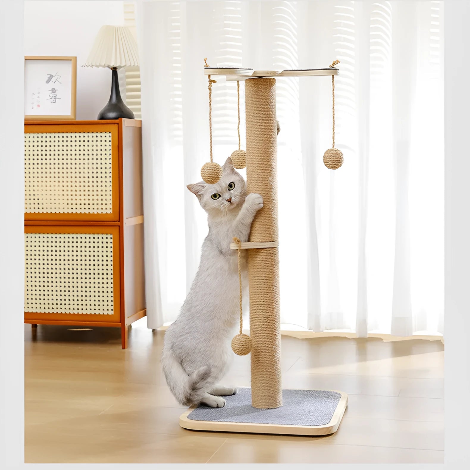 Windmill Hanging Ball Cat Climbing Frame, a 65cm tall pinewood tower with carpet leather and a dangling toy ball.