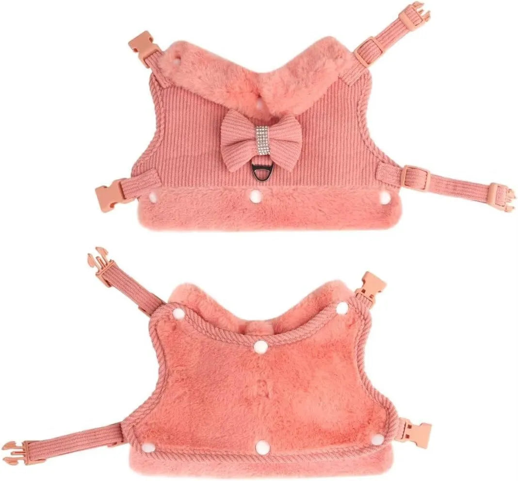 Small dog harness and leash set with bow tie, removable fur collar, padded adjustable harness and 150cm lead