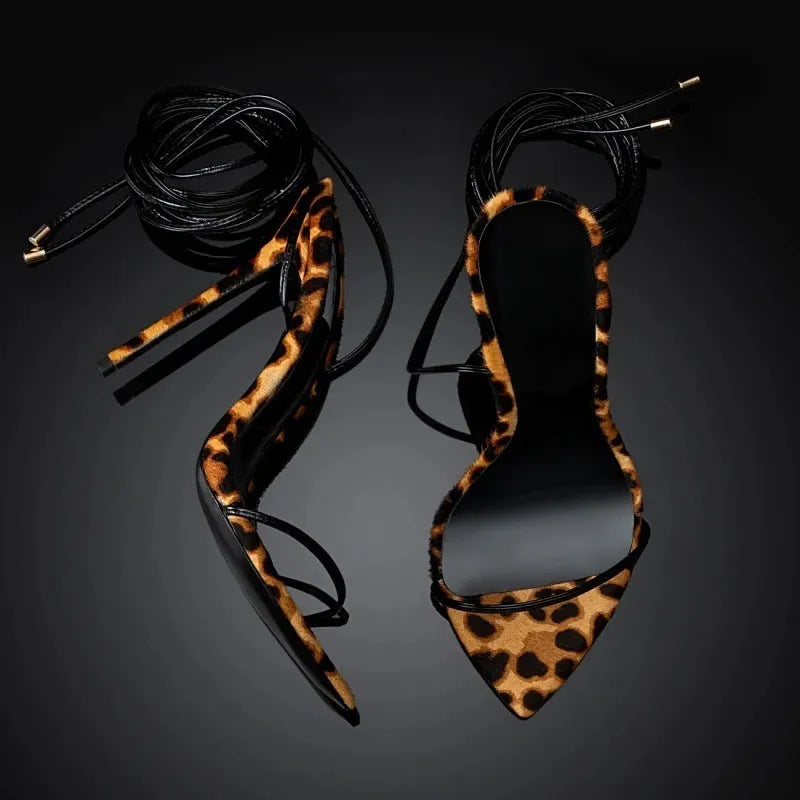 Women's leopard print Roman sandals with pointed toe and lace-up buckle design