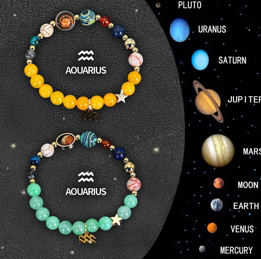 Two natural stone bead bracelets showing zodiac symbols on adjustable straps