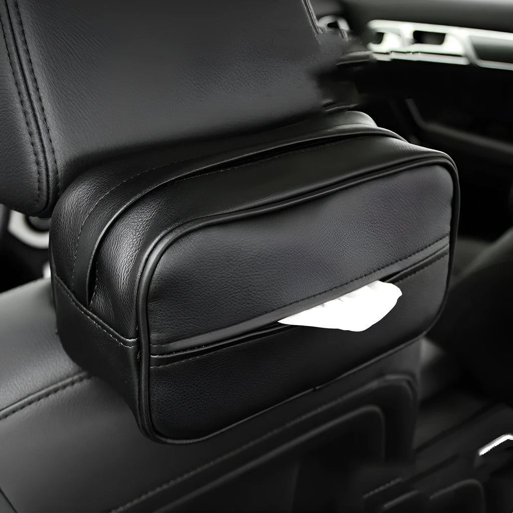 Black PU leather box with hanging loop on a car seat.