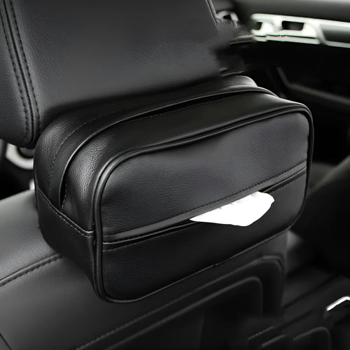 Black PU leather hanging storage bag with hook for car or home organisation