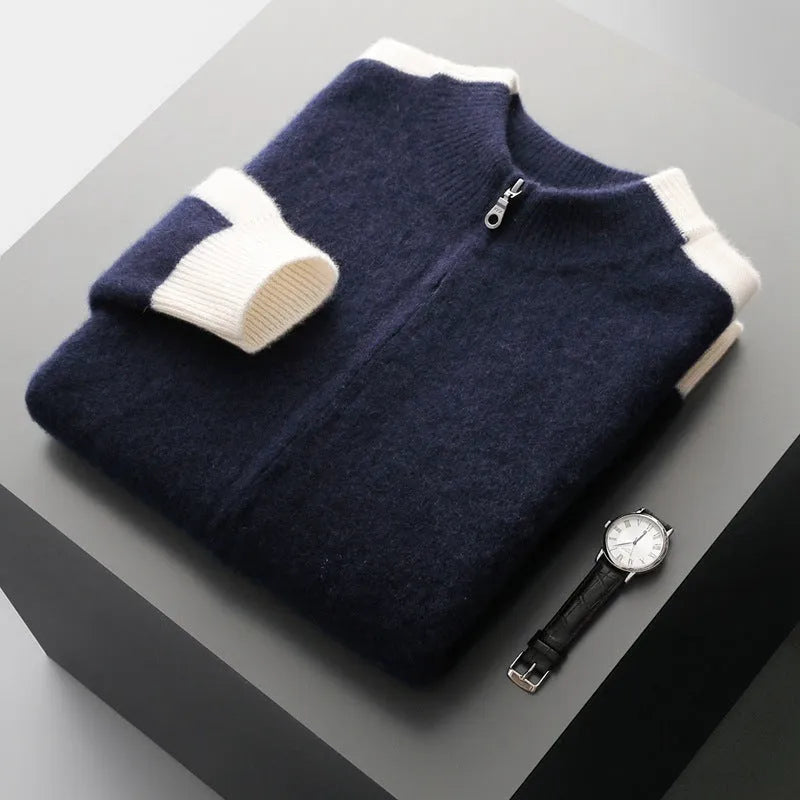 Men's half turtleneck zip front cardigan in thick wool, loose fit design in multiple colour options
