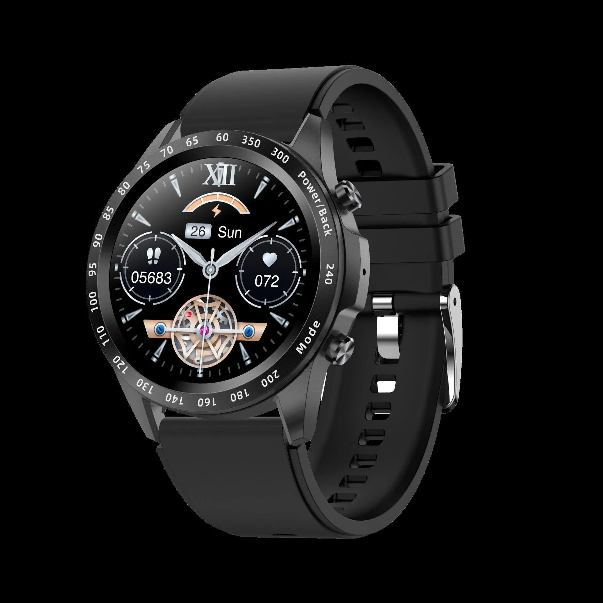 Black smart watch with zinc alloy case and leather strap showing 1.3-inch screen displaying heart rate data.