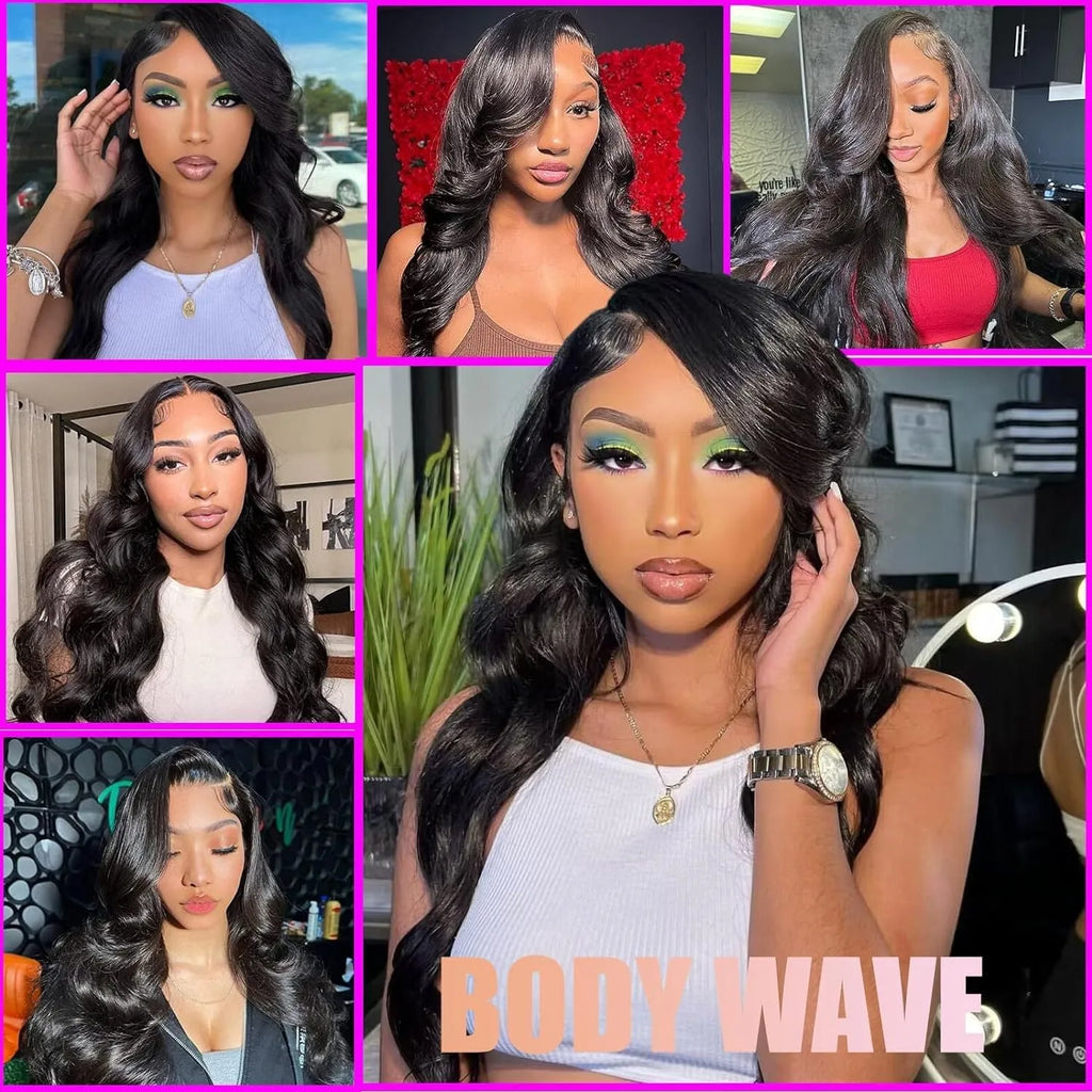 Black synthetic wig with long, wavy hair and a sheer lace front on a mannequin head.