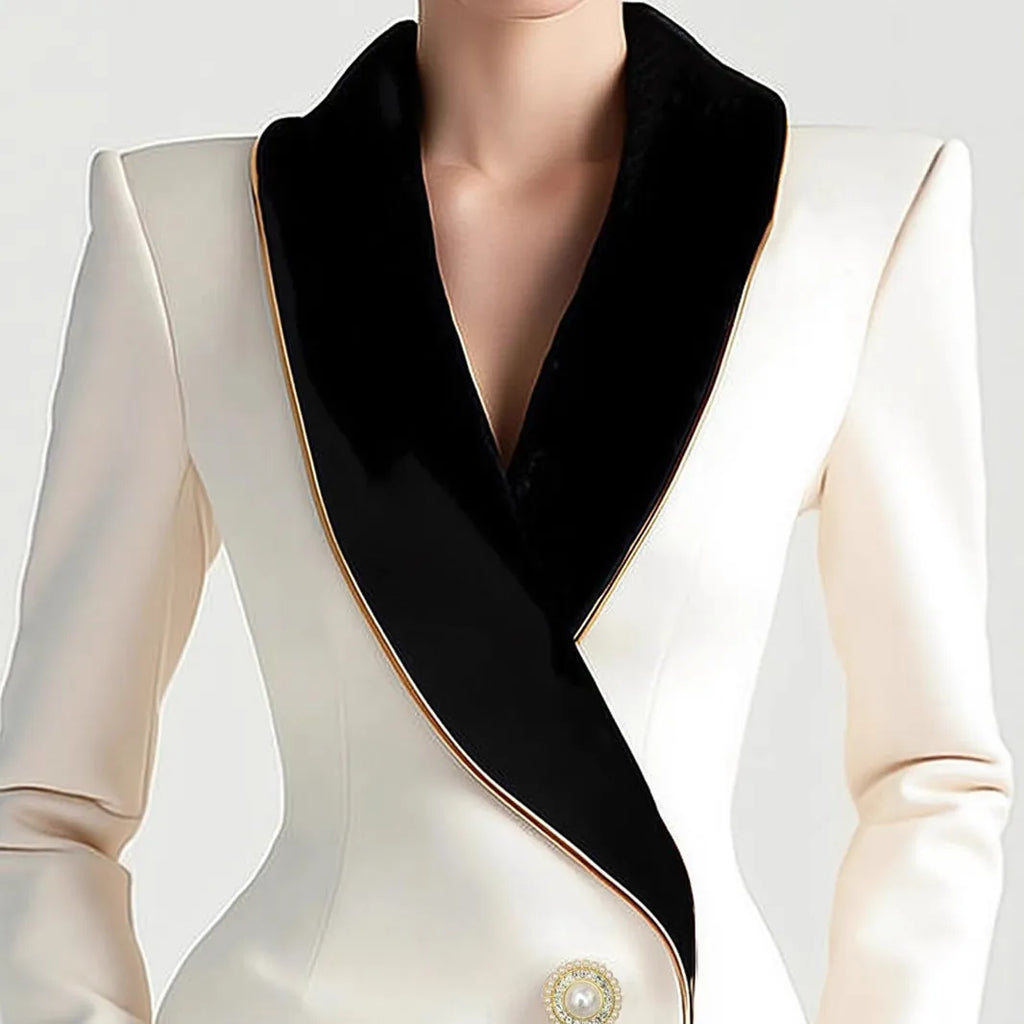 Women's milky white long sleeve coat with golden pearl buttons in irregular design