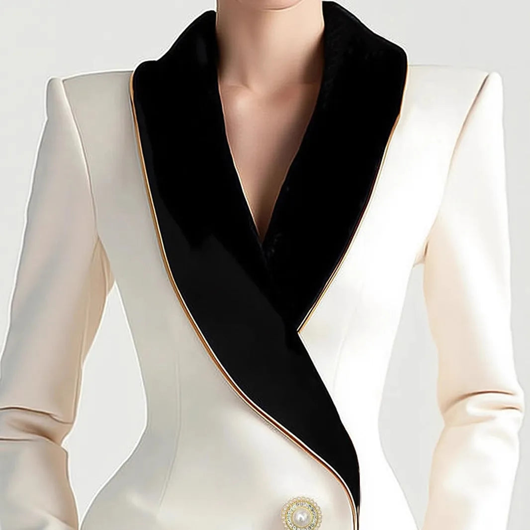 Women's milky white long sleeve coat with golden pearl buttons in irregular design