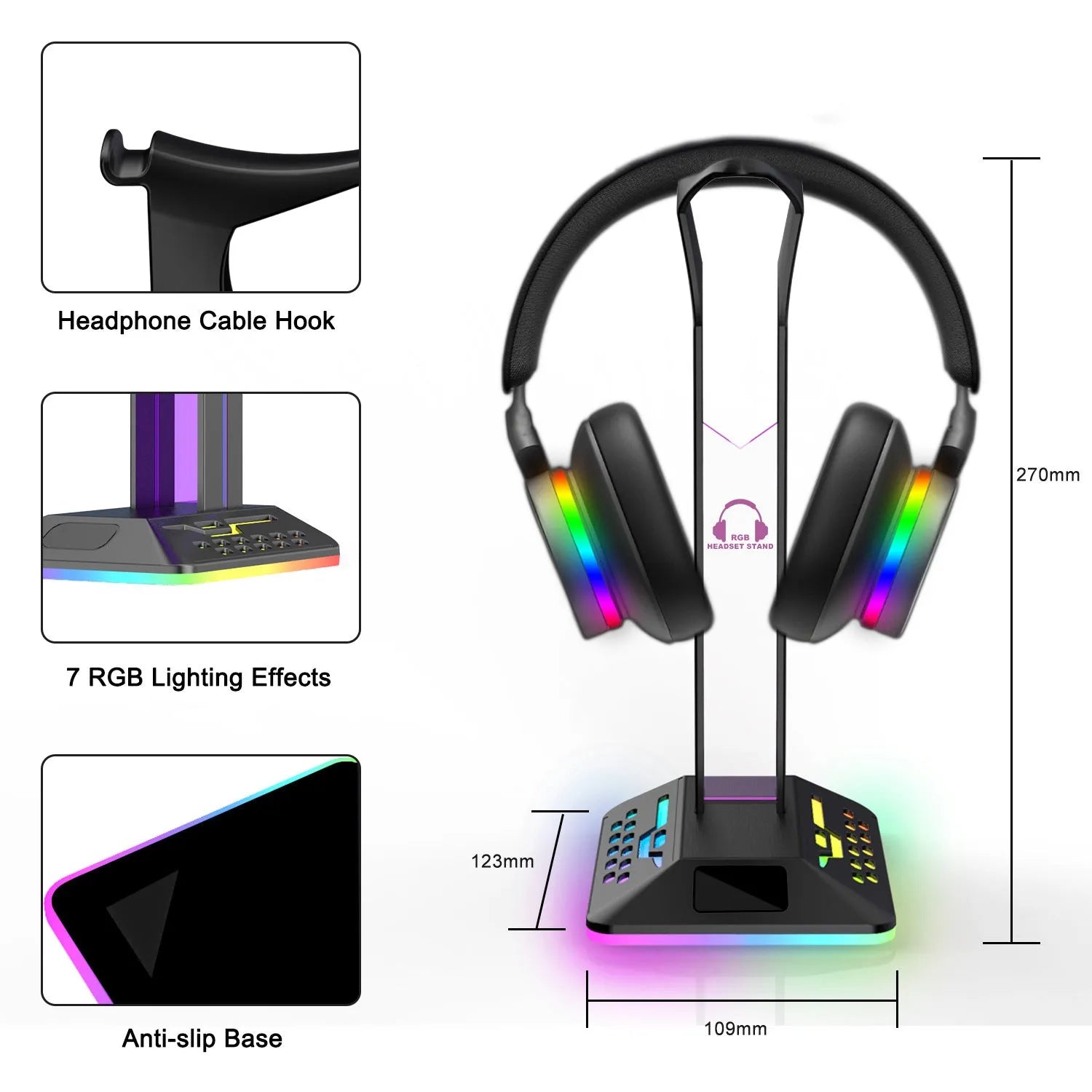 RGB colour-changing headset display bracket with integrated dual USB ports on the base.