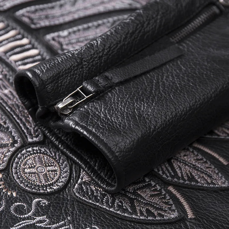 Men's black genuine leather stand collar motorcycle jacket with skull pattern