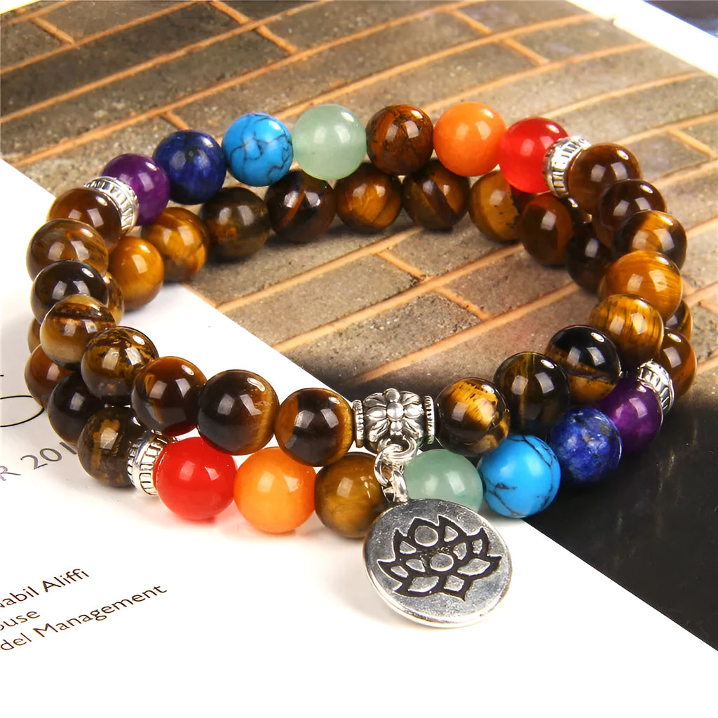 Seven chakra yoga energy bracelet with natural agate stones in unisex geometry design
