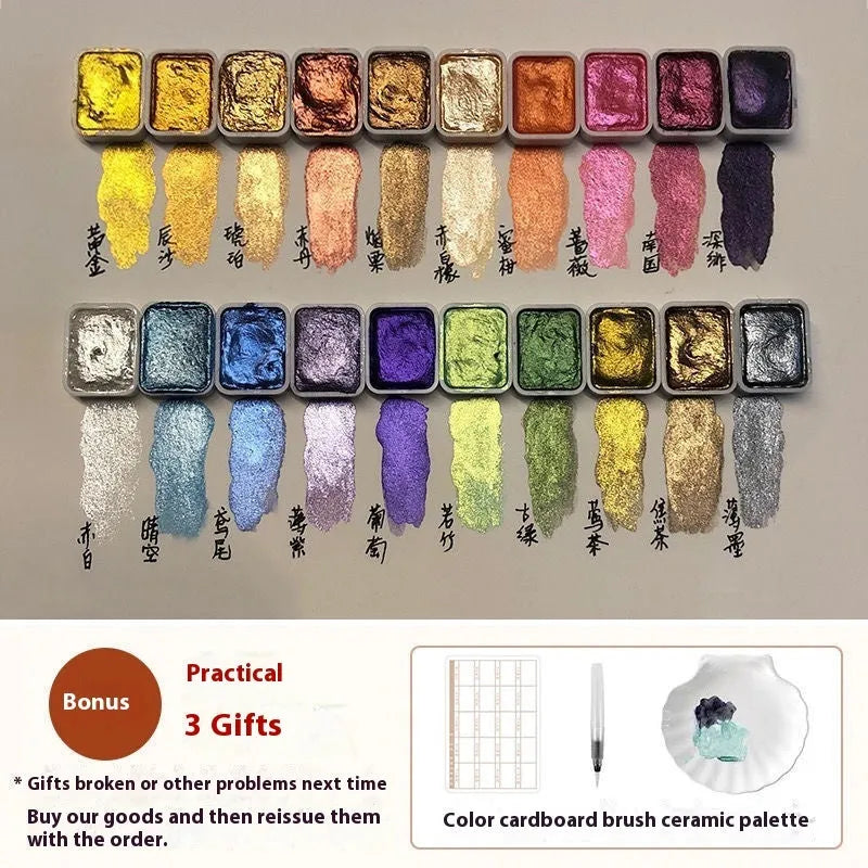 Traditional Chinese painting mineral pearlescent watercolour set showing tubes in warm, cool, red, white and gold colours