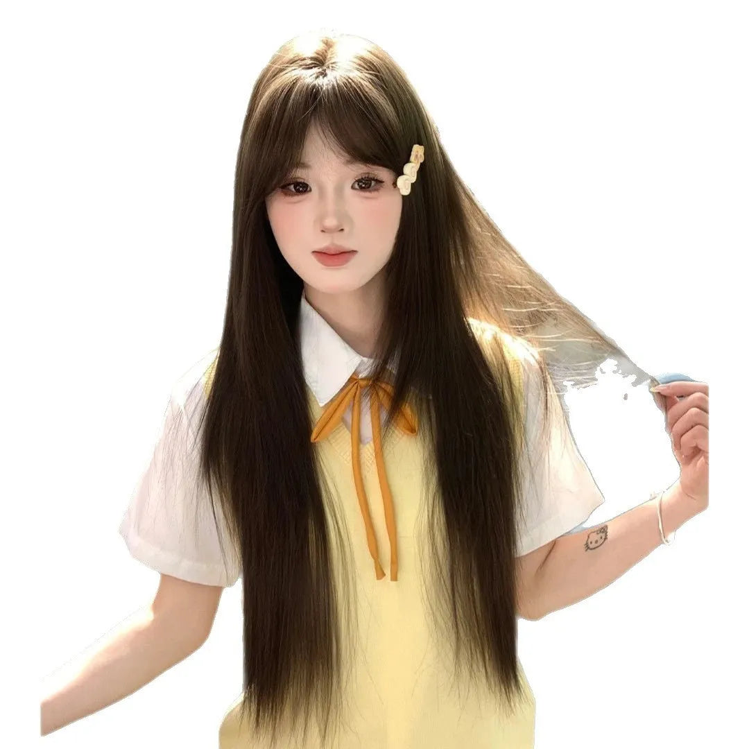 Full-head long straight synthetic wig in high temperature fibre with side bangs styling options