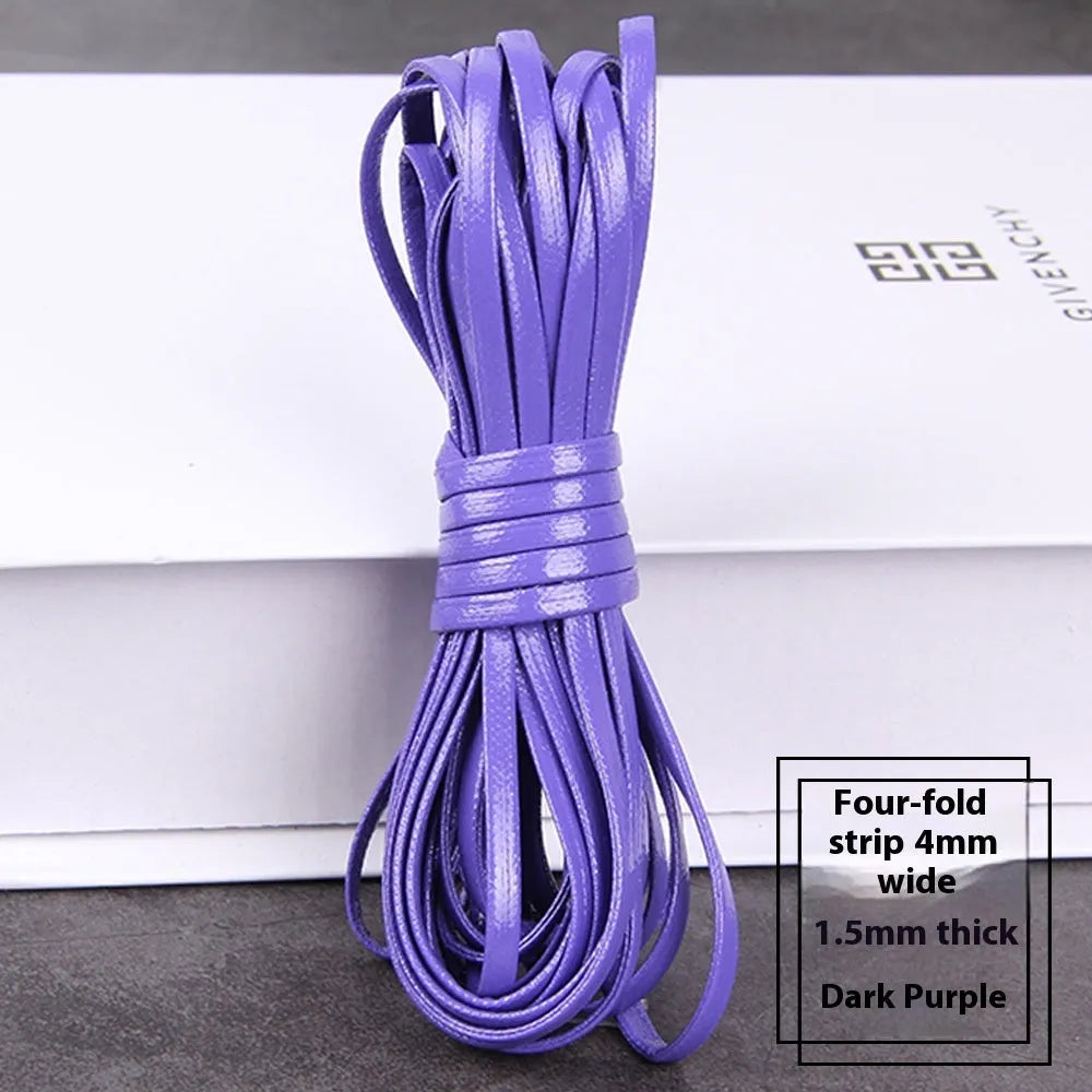 Coils of woven PU leather craft cord in various colours including black, brown, blue, red, and gold.