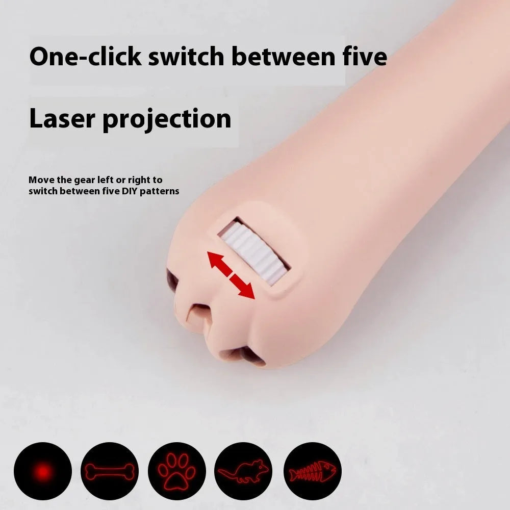 USB-rechargeable infrared laser cat toy wand in pink, projecting a cat footprints laser pattern on a floor.