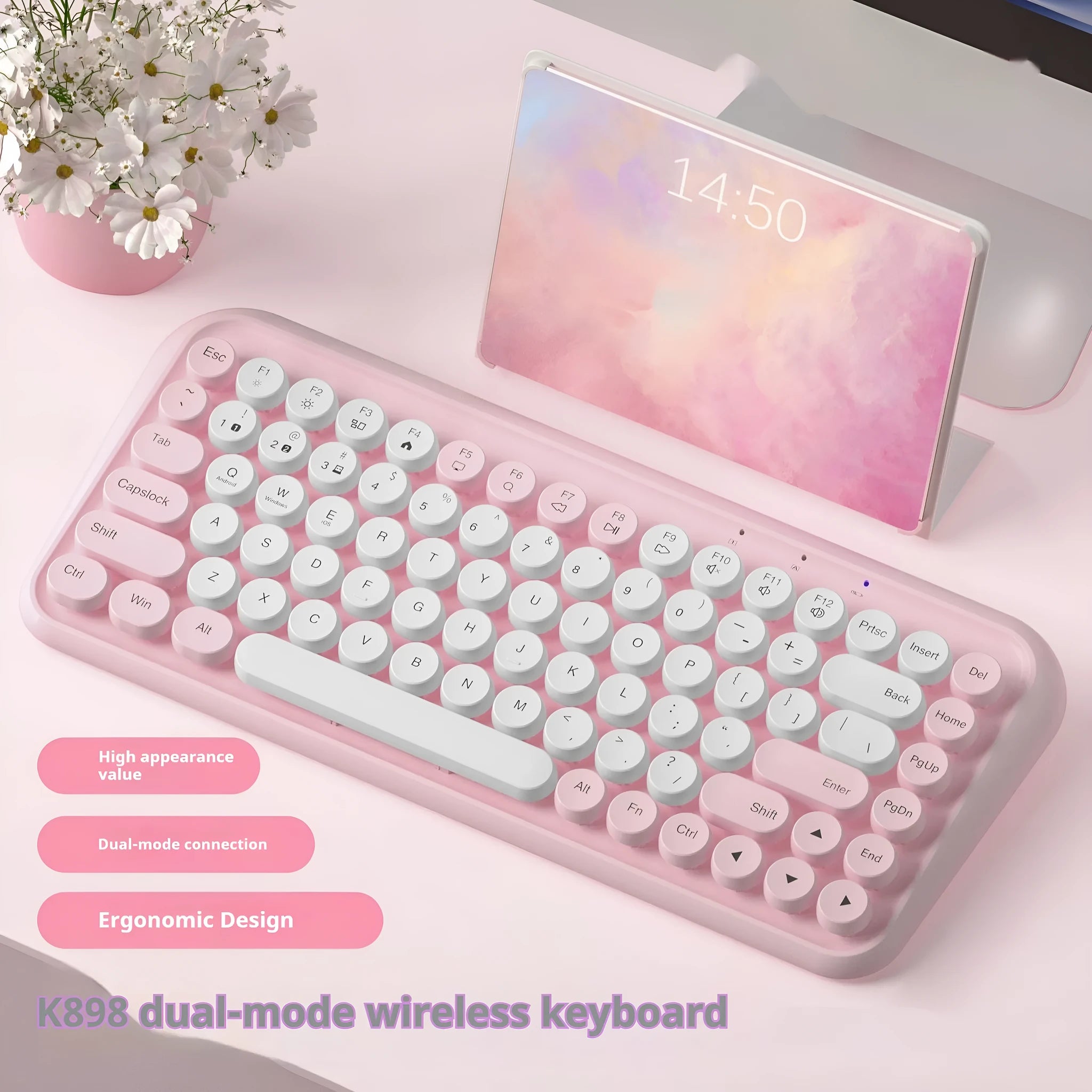 Pink wireless Bluetooth keyboard with 84 silent keys and compact portable design