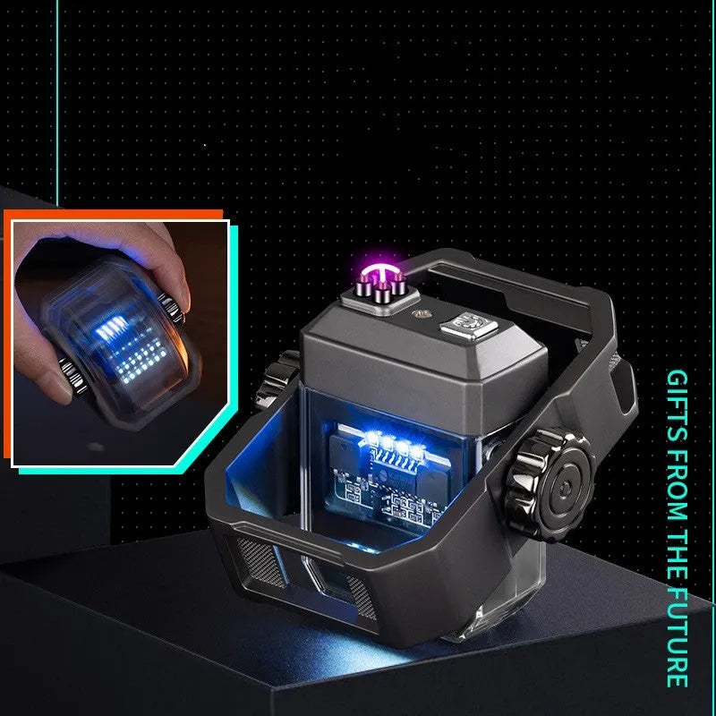 Blue windproof double arc electric lighter with a spinning metal gyroscope, shown folded and unfolded.