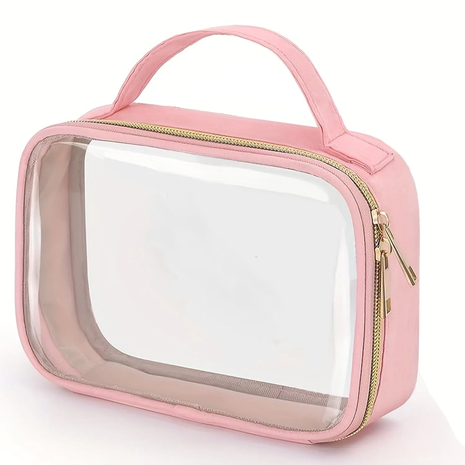 Transparent PVC makeup storage bag with chain handle, showing leopard print colour option.