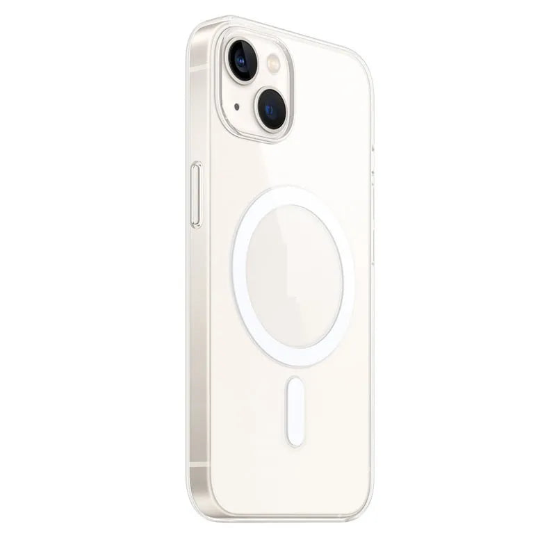 Transparent magnetic back cover case for iPhone showing integrated magnet ring and precise cutouts.