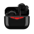 True wireless black in-ear Bluetooth gaming headphones next to their charging case.