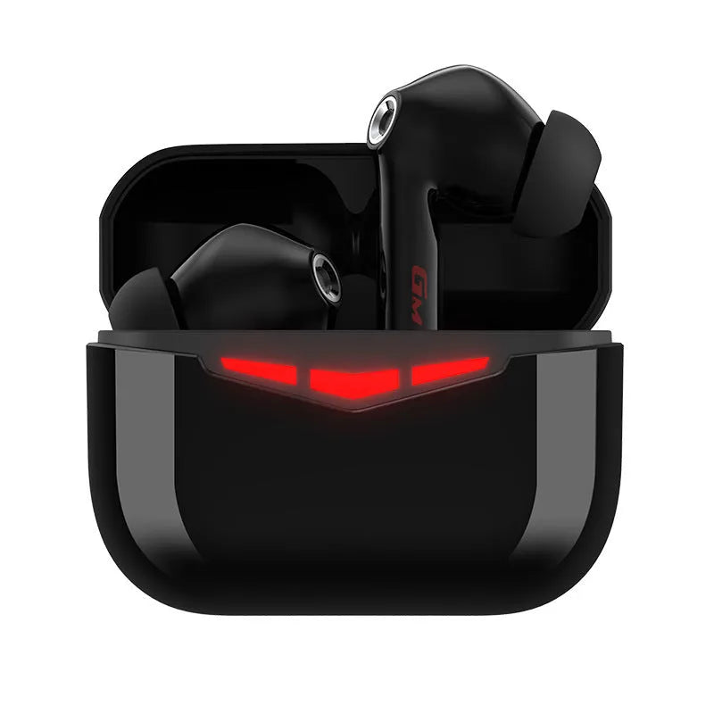 True wireless black in-ear Bluetooth gaming headphones next to their charging case.