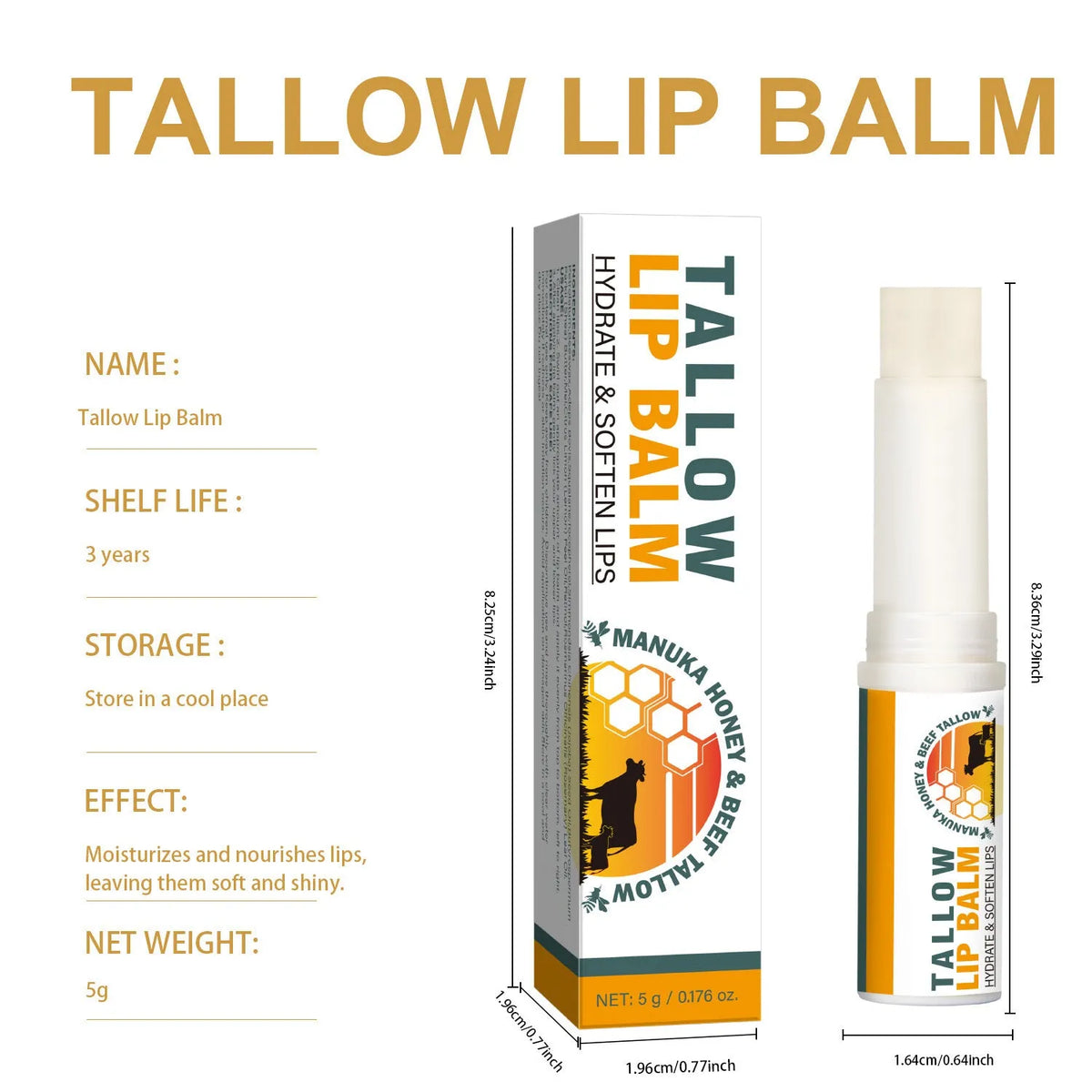 Tallow lip balm stick, 5g, 83mm x 19mm x 19mm, single lipstick unit for everyday lip care