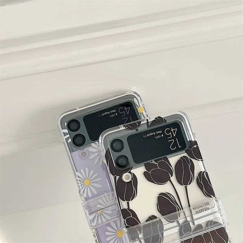 Flower pattern phone case for Samsung Z Flip folding phone in daisy or tulip design