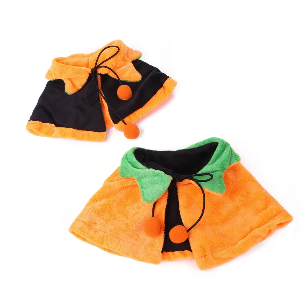 Reversible plush Halloween pumpkin cloak for dog or cat shown in three sizes