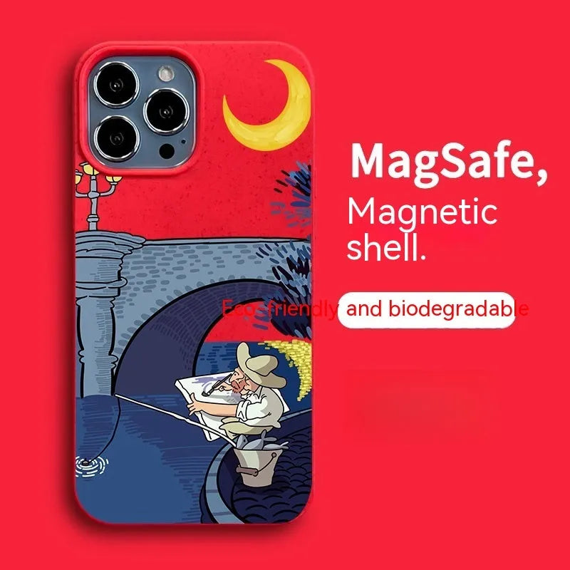 Magnetic retro graffiti resin phone case for iPhone 13 and 14 in green, pink, white, or yellow.