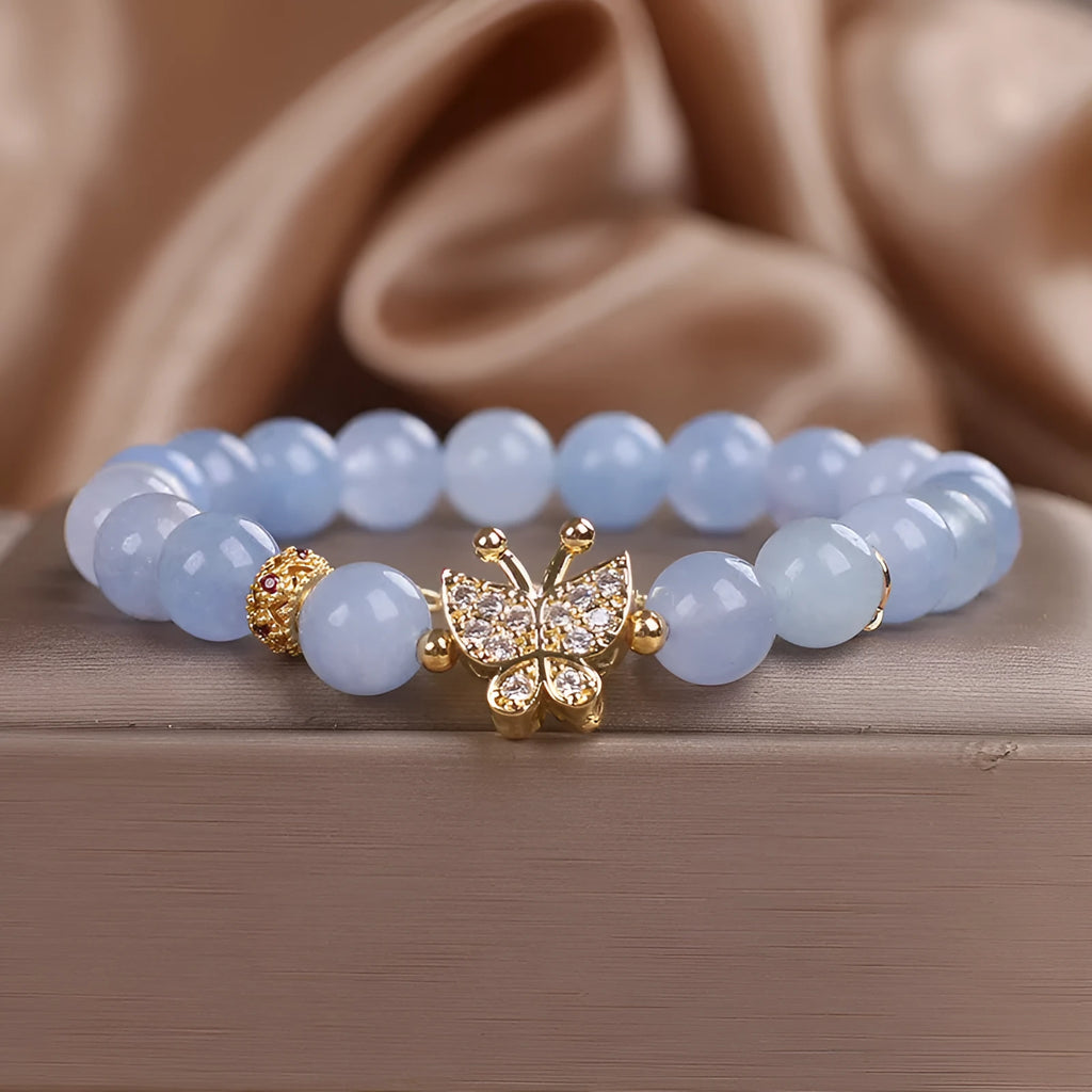 Sky blue butterfly crystal bracelet for women with pearl and rhinestone details