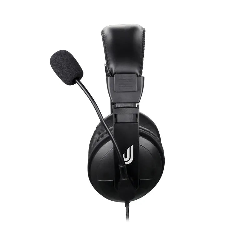 Black wired PC computer headset with 3.5mm in-line plug, built-in microphone, 40mm speakers, and 1.8m cable