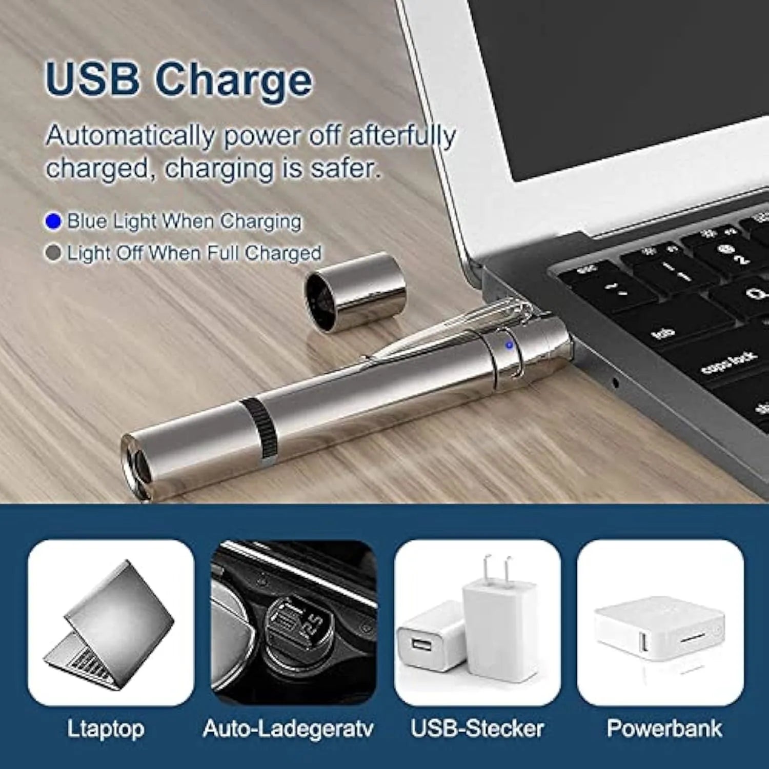 Silver aluminium cat toy pointer wand with USB charging showing laser patterns on wall