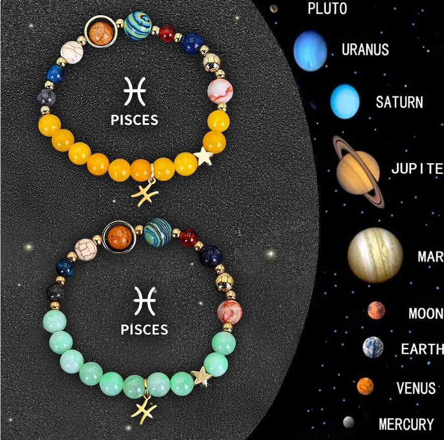 Two natural stone bead bracelets showing zodiac symbols on adjustable straps