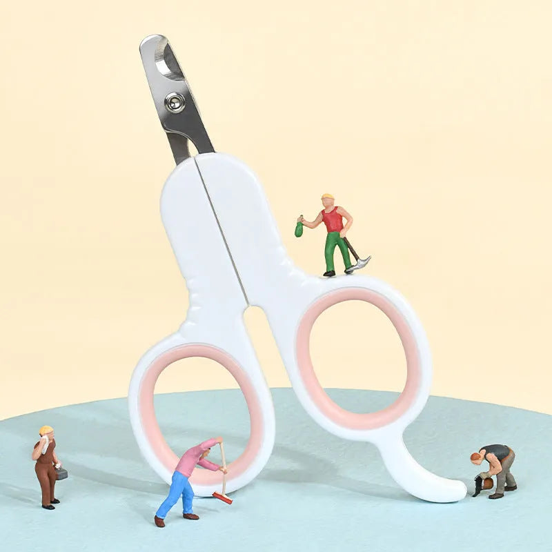 Professional grey and pink pet nail clippers with curved safety tips and a non-slip rubber handle.
