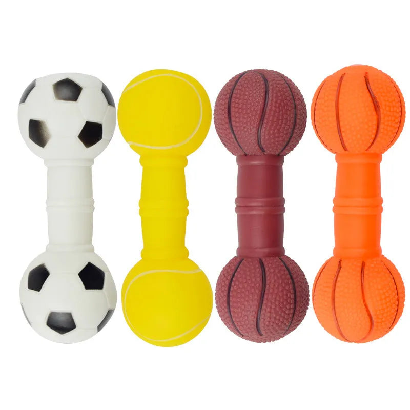 PVC dumbbell football shaped dog chew toy with squeaker in multiple colours