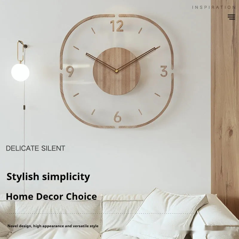 Transparent wooden frame modern wall clock 35cm with wooden shell for living room or office