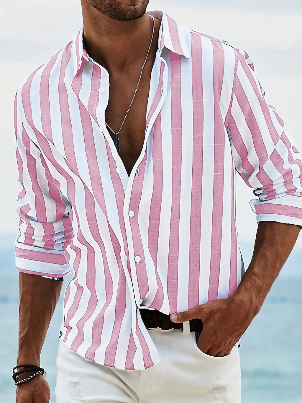 Men's loose-fit striped long-sleeved shirt in British cardigan style, available in light grey, black, pink, dark grey, red, and blue.