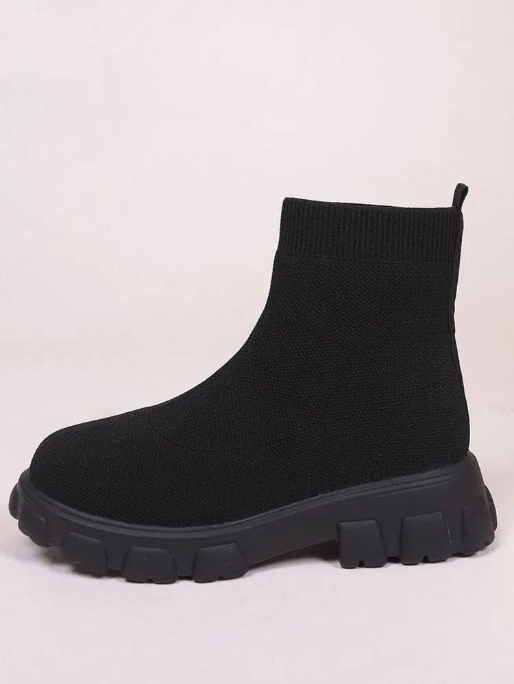 Women's low heel ankle boots with mesh upper and round toe, shown in black, dark khaki, pink, and purple