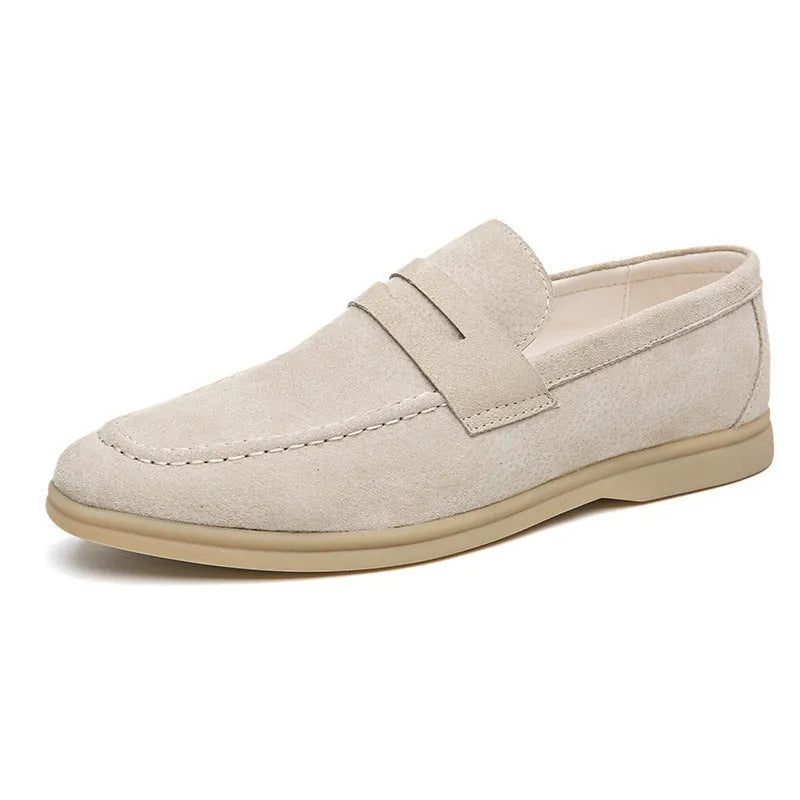 Men's black leather slip-on casual shoes with a round toe and rubber sole