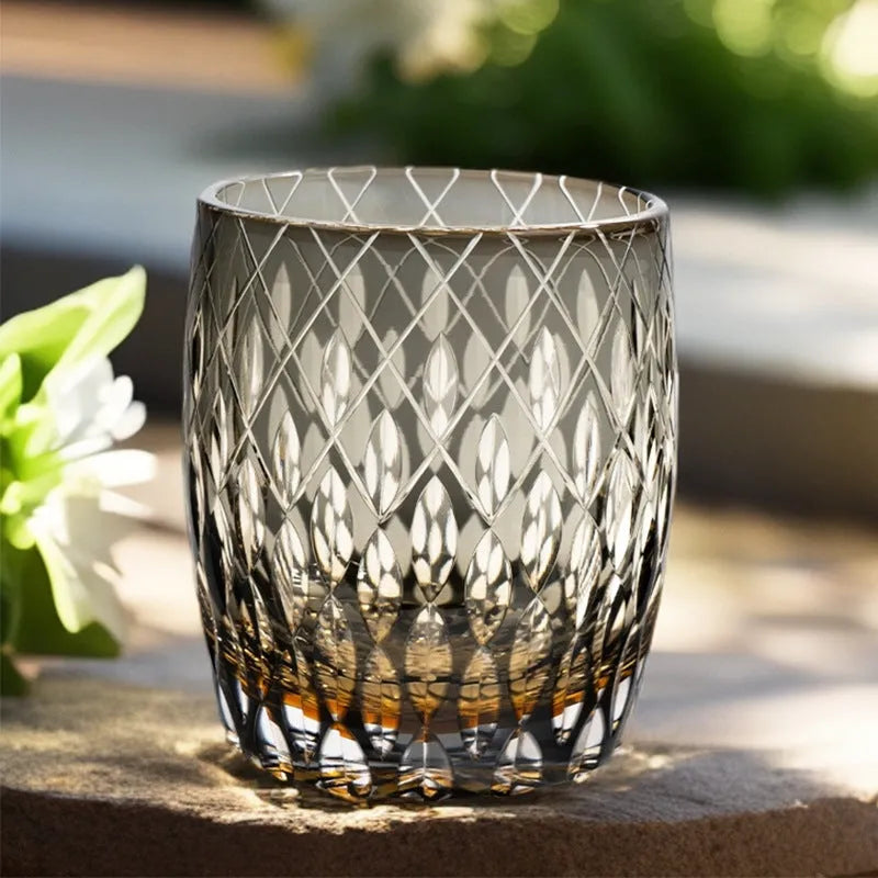 Japanese-style Edo crystal glass whisky tumbler with amber flash cut design in wooden box